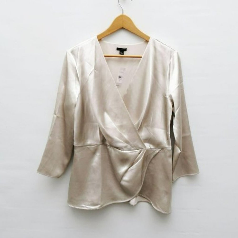 Ann Taylor Silver Ivory Wrap Blouse, Size Medium